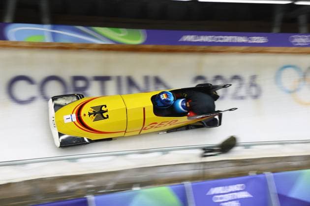 Jeux Olympiques d hiver Milan Cortina PHOTOPQR LE COURRIER PICARD Haslin ; Cortina d Ampezzo ; 16 02 2026 ; 16 02 26 Jeux Olympiques d hiver Milan Cortina - Winter Olympics games Milano Cortina Bobsleigh bob à 2 Johannes Lochner et Georg Fleischhauer (Allemagne 1) Photo Fred Haslin Winter olympics in Milan Cortina, Italy. Cortina d Ampezzo Dolomites France  Copyright: xPHOTOPQR LExCOURRIERxPICARD MAXPxHaslinx 20260216LCP2473 20260216LCP2473