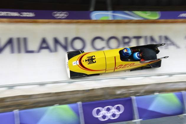 Jeux Olympiques d hiver Milan Cortina PHOTOPQR LE COURRIER PICARD Haslin ; Cortina d Ampezzo ; 16 02 2026 ; 16 02 26 Jeux Olympiques d hiver Milan Cortina - Winter Olympics games Milano Cortina Bobsleigh bob à 2 Johannes Lochner et Georg Fleischhauer (Allemagne 1) Photo Fred Haslin Winter olympics in Milan Cortina, Italy. Cortina d Ampezzo Dolomites France  Copyright: xPHOTOPQR LExCOURRIERxPICARD MAXPxHaslinx 20260216LCP2474 20260216LCP2474
