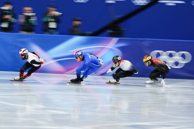 Luca Spechenhauser competing in the Olympic Short Track Speed skating, Eisschnelllauf Men s 5000m Relay Semifinals for the Milano Cortina 2026 Winter Olympics, in Milan (Italy) February 14, 2026 (Photo Claudio Furlan LaPresse)  Copyright: xClaudioxFurlan LaPressex