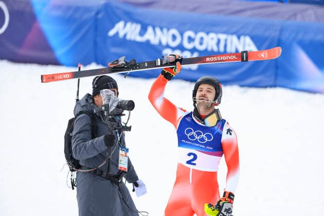OLYMPICS - Winter Olympic Games, Olympische Spiele, Olympia, OS Milano Cortina 2026 BORMIO,ITALY,16.FEB.26 - OLYMPICS, ALPINE SKIING - Winter Olympic Games Milano Cortina 2026, slalom, men. Image shows the rejoicing of Loic Meillard (SUI).  GEPAxpictures xWolfgangxGrebien