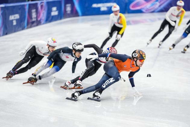 2026 Winter Olympic Games, Olympische Spiele, Olympia, OS MILAN, ITALY - FEBRUARY 16: Athletes compete in the men’s 1000 meters short track Speed skating, Eisschnelllauf semi finals during the Milano-Cortina 2026 Winter Olympic Games in Milan, Italy, on February 16, 2026. Cemal Yurttas Anadolu Milan Italy. Editorial use only. Please get in touch for any other usage.  Copyright: x2026xAnadoluxCemalxYurttasx