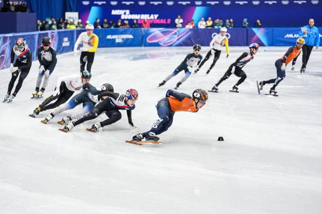2026 Winter Olympic Games, Olympische Spiele, Olympia, OS MILAN, ITALY - FEBRUARY 16: Athletes compete in the men’s 1000 meters short track Speed skating, Eisschnelllauf semi finals during the Milano-Cortina 2026 Winter Olympic Games in Milan, Italy, on February 16, 2026. Cemal Yurttas Anadolu Milan Italy. Editorial use only. Please get in touch for any other usage.  Copyright: x2026xAnadoluxCemalxYurttasx