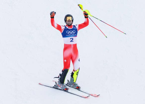 OLYMPICS - Winter Olympic Games, Olympische Spiele, Olympia, OS Milano Cortina 2026 BORMIO,ITALY,16.FEB.26 - OLYMPICS, ALPINE SKIING - Winter Olympic Games Milano Cortina 2026, slalom, men. Image shows the rejoicing of Loic Meillard (SUI).  GEPAxpictures xHaraldxSteiner