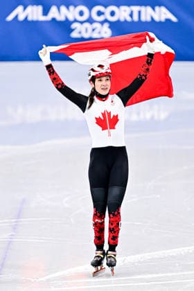 Courtney SARAULT (CAN), during Womens 1000m - Final A, Short Track Speed skating, Eisschnelllauf at the Olympic Winter games, Winterspiele,Spiele, Summer games Milano Cortina 2026, at Milano Ice Skating Arena, on February 16, 2026 in Milan, Italy. Noxthirdxpartyxsales  aflo_320100821