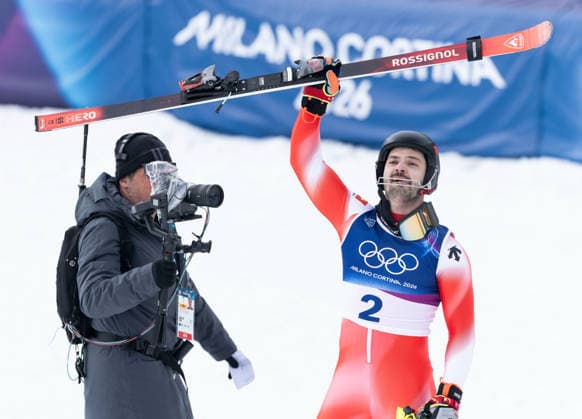 OLYMPICS - Winter Olympic Games, Olympische Spiele, Olympia, OS Milano Cortina 2026 BORMIO,ITALY,16.FEB.26 - OLYMPICS, ALPINE SKIING - Winter Olympic Games Milano Cortina 2026, slalom, men. Image shows the rejoicing of Loic Meillard (SUI).  GEPAxpictures xWolfgangxGrebien