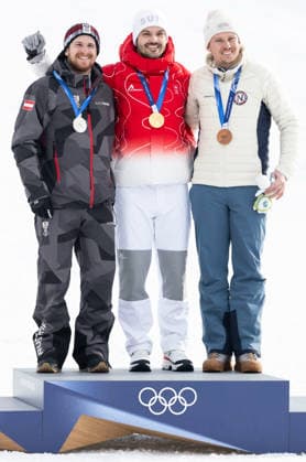 OLYMPICS - Winter Olympic Games, Olympische Spiele, Olympia, OS Milano Cortina 2026 BORMIO,ITALY,16.FEB.26 - OLYMPICS, ALPINE SKIING - Winter Olympic Games Milano Cortina 2026, slalom, men, medal ceremony. Image shows Fabio Gstrein (AUT), Loic Meillard (SUI) and Henrik Kristoffersen (NOR). Keywords: medal.  GEPAxpictures xWolfgangxGrebien