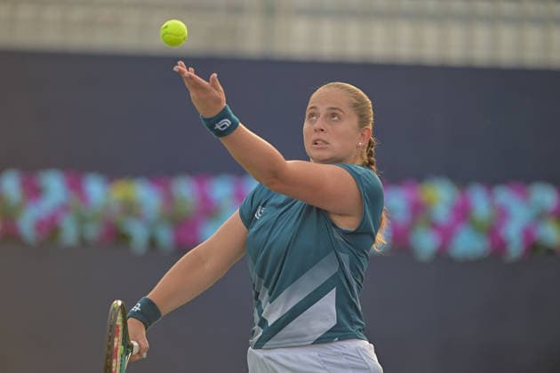 2026 Dubai Duty Free Tennis Championship DUBAI, UNITED ARAB EMIRATES - FEBRUARY 16: Jelena Ostapenko of Latvia competes against Anna Kalinskaya (not seen) in the women s singles match of the Dubai Duty Free Tennis Championship at the Dubai Duty Tennis Stadium in Dubai, United Arab Emirates, on February 16, 2026. Waleed Zein Anadolu Dubai United Arab Emirates. Editorial use only. Please get in touch for any other usage.  Copyright: x2026xAnadoluxWaleedxZeinx