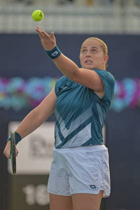 2026 Dubai Duty Free Tennis Championship DUBAI, UNITED ARAB EMIRATES - FEBRUARY 16: Jelena Ostapenko of Latvia competes against Anna Kalinskaya (not seen) in the women s singles match of the Dubai Duty Free Tennis Championship at the Dubai Duty Tennis Stadium in Dubai, United Arab Emirates, on February 16, 2026. Waleed Zein Anadolu Dubai United Arab Emirates. Editorial use only. Please get in touch for any other usage.  Copyright: x2026xAnadoluxWaleedxZeinx