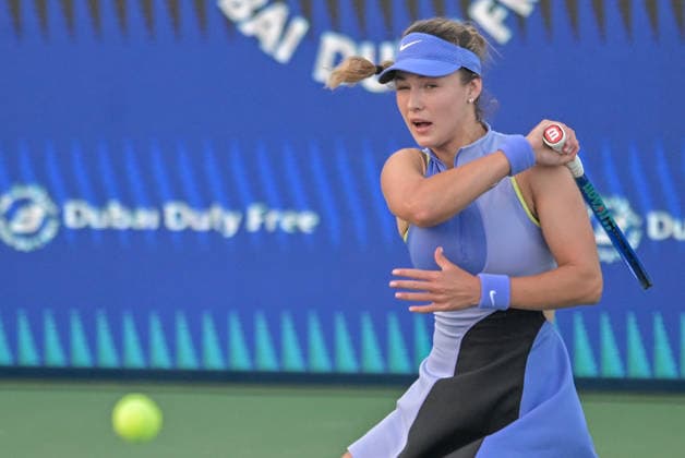 2026 Dubai Duty Free Tennis Championship DUBAI, UNITED ARAB EMIRATES - FEBRUARY 16: Jelena Ostapenko (not seen) of Latvia competes against Anna Kalinskaya in the women s singles match of the Dubai Duty Free Tennis Championship at the Dubai Duty Tennis Stadium in Dubai, United Arab Emirates, on February 16, 2026. Waleed Zein Anadolu Dubai United Arab Emirates. Editorial use only. Please get in touch for any other usage.  Copyright: x2026xAnadoluxWaleedxZeinx