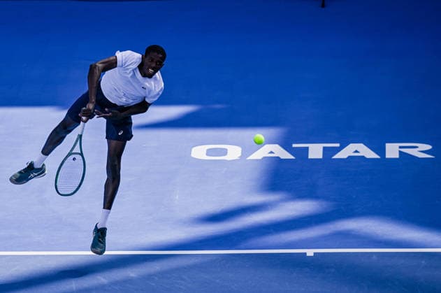 Qatar ExxonMobil Open 2026,Round of 32 - 16 Feb 2026. Mubarak Shannan Zayid of Qatar seen in action against Alexei Popyrin of Australia (not in view) in the Round of 32 at the ATP, Tennis Herren men s Qatar ExxonMobil Open 2026 at the Khalifa International Tennis Complex. Alexei Popyrin won against Mubarak Shannan Zayid 6-0,6-2. Doha Qatar Copyright: xNoushadxVariyattiyakkalx xSOPAxIx NVRITYAKAL1-007