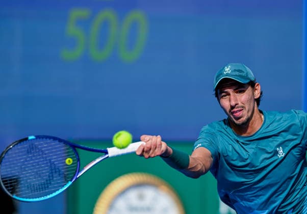 Qatar ExxonMobil Open 2026,Round of 32 - 16 Feb 2026. Alexei Popyrin of Australia seen in action against Mubarak Shannan Zayid of Qatar in the Round of 32 at the ATP, Tennis Herren men s Qatar ExxonMobil Open 2026 at the Khalifa International Tennis Complex. Alexei Popyrin won against Mubarak Shannan Zayid 6-0,6-2. Doha Qatar Copyright: xNoushadxVariyattiyakkalx xSOPAxIx NVRITYAKAL1-023