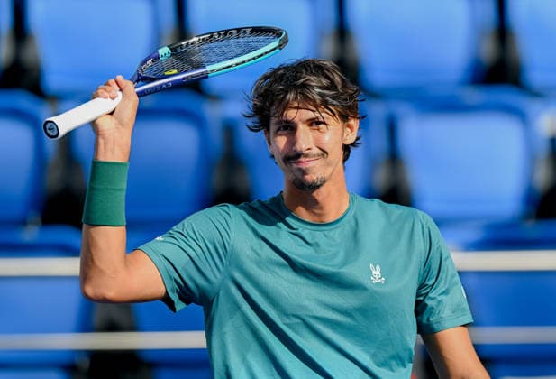 Qatar ExxonMobil Open 2026,Round of 32 - 16 Feb 2026. Alexei Popyrin of Australia seen in react after winning against Mubarak Shannan Zayid of Qatar in the Round of 32 at the ATP, Tennis Herren men s Qatar ExxonMobil Open 2026 at the Khalifa International Tennis Complex. Alexei Popyrin won against Mubarak Shannan Zayid 6-0,6-2. Doha Qatar Copyright: xNoushadxVariyattiyakkalx xSOPAxIx NVRITYAKAL1-027