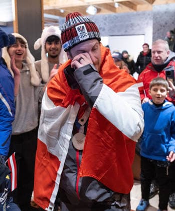 OLYMPICS - Winter Olympic Games, Olympische Spiele, Olympia, OS Milano Cortina 2026 BORMIO,ITALY,16.FEB.26 - OLYMPICS, ALPINE SKIING - Winter Olympic Games Milano Cortina 2026, slalom, men, reception for medalists. Image shows Fabio Gstrein (AUT). Keywords: medal.  GEPAxpictures xHaraldxSteiner