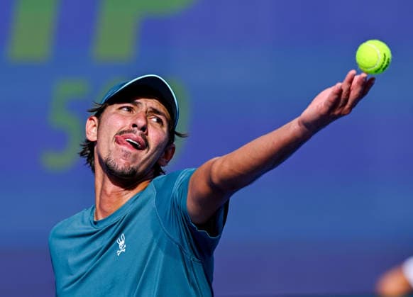 February 16, 2026, Doha, Qatar: Alexei Popyrin of Australia seen in action against Mubarak Shannan Zayid of Qatar in the Round of 32 at the ATP, Tennis Herren men s Qatar ExxonMobil Open 2026 at the Khalifa International Tennis Complex.. Alexei Popyrin won against Mubarak Shannan Zayid 6-0,6-2. Doha Qatar - ZUMAs197 20260216_aaa_s197_108 Copyright: xNoushadxVariyattiyakkalx