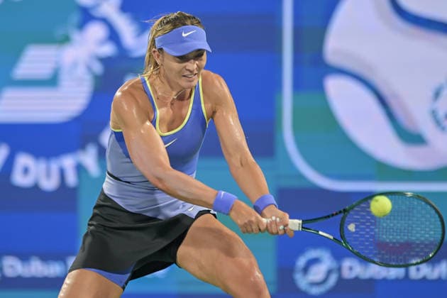 2026 Dubai Duty Free Tennis Championship DUBAI, UNITED ARAB EMIRATES - FEBRUARY 16: Paula Badosa of Spain competes against Katerina Siniakova in the women s singles match of the Dubai Duty Free Tennis Championship at the Dubai Duty Tennis Stadium in Dubai, United Arab Emirates, on February 16, 2026. Waleed Zein Anadolu Dubai United Arab Emirates. Editorial use only. Please get in touch for any other usage.  Copyright: x2026xAnadoluxWaleedxZeinx