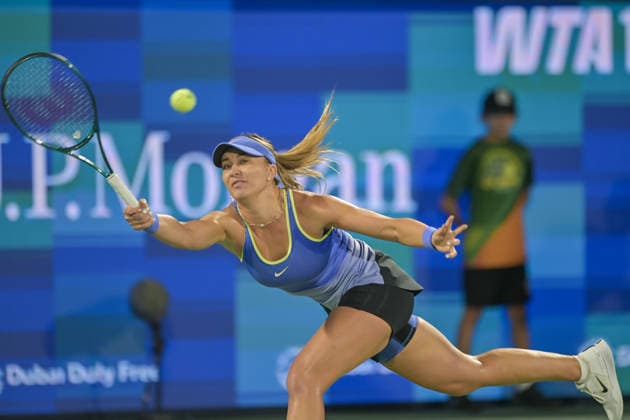 2026 Dubai Duty Free Tennis Championship DUBAI, UNITED ARAB EMIRATES - FEBRUARY 16: Paula Badosa of Spain competes against Katerina Siniakova in the women s singles match of the Dubai Duty Free Tennis Championship at the Dubai Duty Tennis Stadium in Dubai, United Arab Emirates, on February 16, 2026. Waleed Zein Anadolu Dubai United Arab Emirates. Editorial use only. Please get in touch for any other usage.  Copyright: x2026xAnadoluxWaleedxZeinx
