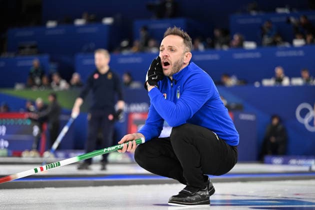 (260216) -- CORTINA D AMPEZZO, Feb. 16, 2026 -- Joel Retornaz of Italy reacts during the curling men s round robin session 8 match between China and Italy at the 2026 Milan-Cortina Winter Olympics in Cortina, Italy, Feb. 16, 2026. ) (MICO2026)ITALY-CORTINA D AMPEZZO-OLYMPIC Winter games, Winterspiele,Spiele, Summer games CURLING-MEN-ROUND ROBIN-CHN VS ITA LianxYi 