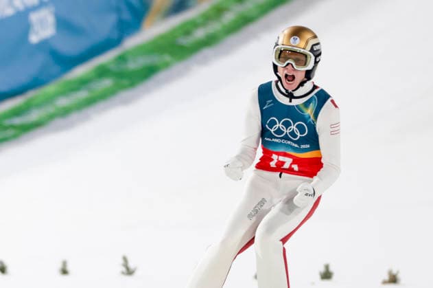OLYMPICS - Winter Olympic Games, Olympische Spiele, Olympia, OS Milano Cortina 2026 PREDAZZO,ITALY,16.FEB.26 - OLYMPICS, Ski jumping, Skispringen, Ski, nordisch - Winter Olympic Games Milano Cortina 2026, large hill, Super Team, men. Image shows the rejoicing of Jan Hoerl (AUT).  GEPAxpictures xMatthiasxTrinkl