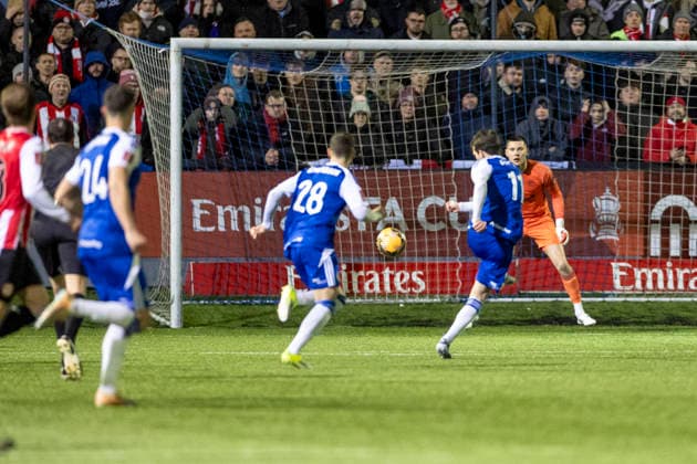 16th February 2026; Leasing Com Stadium, Macclesfield, Cheshire, England; FA Cup Football, Macclesfield versus Brentford; Luke Duffy of Macclesfield takes an early shot on goal  TimxWilliams Content restricted for UK based newspaper