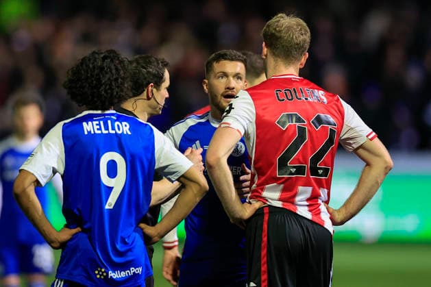 Macclesfield FC v Brentford, FA Cup Paul Dawson (6) of Macclesfield FC and Nathan Collins (22) of Brentford share a few words during the FA Cup match between Macclesfield FC and Brentford at Leasing.com Stadium, Macclesfield, UK on 16 February 2026. Macclesfield Leasing.com Stadium UK Editorial use only DataCo restrictions apply See www.football-dataco.com , Copyright: xConorxMolloyx PSI-23758-0025