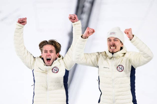 260216 Bronze medalists Kristoffer Eriksen Sundal and Johann Andre Forfang of Norway celebrate on the podium after the men s super team large hill skiing jumping third round during day 10 of the 2026 Winter Olympics on February 16, 2026 in Predazzo. Photo: Maxim Thore BILDBYRAN kod MT MT0989 skidor cross-country skiing langrenn Olympic Games, Olympische Spiele, Olympia, OS olympics winter olympics os ol olympiska spel vinter-os olympiske leker milano cortina 2026 milan cortina 2026 milano cortina 2026 olympic games milano cortina 2026 winter olympic games milano cortina-os milano cortina-ol vinter-ol 10 bbeng jubel Bronze brons Norway norge *** 260216 Bronze medalists Kristoffer Eriksen Sundal and Johann Andre Forfang of Norway celebrate on the podium after the men s super team large hill skiing jumping third round during day 10 of the 2026 Winter Olympics on February 16, 2026 in Predazzo Photo Maxim Thore BILDBYRAN kod MT MT0989 skidor cross country skiing langrenn olympic games olympics winter olympics os ol olympiska spel vinter os olympiske leker milano cortina 2026 milan cortina 2026 milano cortina 2026 olympic games milano cortina 2026 winter olympic games milano cortina os milano cortina ol vinter ol 10 bbeng jubel Bronze bronze Norway norge  Copyright: MAXIMxTHORE BB260216MT017