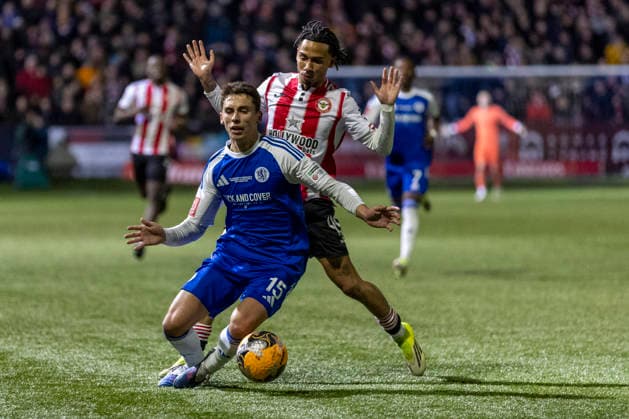 16th February 2026; Leasing Com Stadium, Macclesfield, Cheshire, England; FA Cup Football, Macclesfield versus Brentford; Luis Lacey of Macclesfield under pressure from Romelle Donovan of Brentford  TimxWilliams Content restricted for UK based newspaper