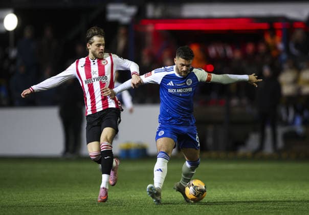 Macclesfield v Brentford, FA Cup 4th Round 16.02.26 Macclesfield v Brentford, FA Cup 4th Round Bradley Ormesher The Times Paul Dawson of Macclesfield FC and Mathias Jensen of Brentford  Copyright: xBradleyxOrmesherx NINTCHDBPICT001059775440