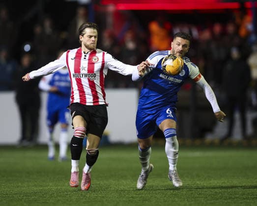 Macclesfield v Brentford, FA Cup 4th Round 16.02.26 Macclesfield v Brentford, FA Cup 4th Round Bradley Ormesher The Times Paul Dawson of Macclesfield FC and Mathias Jensen of Brentford  Copyright: xBradleyxOrmesherx NINTCHDBPICT001059775455