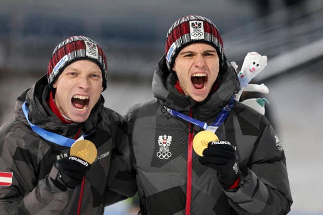 Milano Cortina 2026, Ski Jumping, Men, Super Team, Olympic Champion Austria Stephan Embacher and Jan Hörl