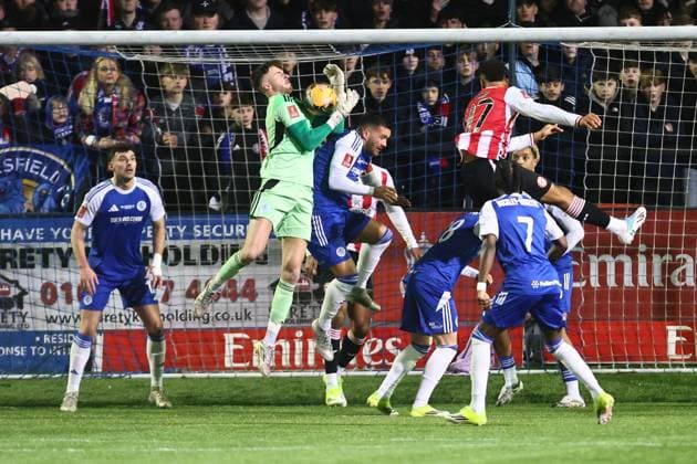 Max Dearnley of Macclesfield fumbles a catch Macclesfield v Brentford, Emirates FA Cup, Fourth Round, Football, Leasing.com Stadium, Macclesfield, UK - 16 Feb 2026Macclesfield Leasing.com Stadium United Kingdom EDITORIAL USE ONLY No use with unauthorised audio, video, data, fixture lists, club league logos or live services. Online in-match use limited to 120 images, no video emulation. No use in betting, games or single club league player publications.  Copyright: xPhilxOldham Shutterstockx 16660198au