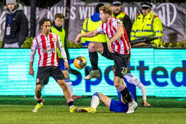 16th February 2026; Leasing Com Stadium, Macclesfield, Cheshire, England; FA Cup Football, Macclesfield versus Brentford; Nathan Collins of Brentford kicks the ball  TimxWilliams Content restricted for UK based newspaper