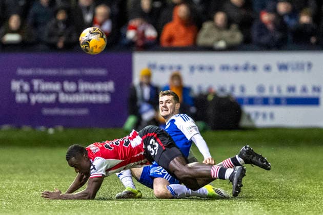 16th February 2026; Leasing Com Stadium, Macclesfield, Cheshire, England; FA Cup Football, Macclesfield versus Brentford; James Edmondson of Macclesfield is tackled by Michael Jayode of Brentford  TimxWilliams Content restricted for UK based newspaper