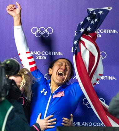 February 16, 2026, Cortina D ampezzo, Lombardy, Italy: Elana Meyers Taylor of the USA celebrates her gold medal victory in the Women s Monobob at the Cortina Sliding Centre for the Milano Cortina 2026 Winter Olympics. Cortina Sliding Centre - Monnobob  - ZUMAsc5_ 20260216_oly_sc5_018 Copyright: xErichxSchlegelx