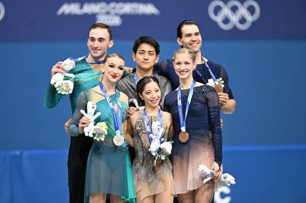 Winter Olympics - Podium of Pair Skating Free Figure skating, Eiskunstlauf Silver medallists (L) Anastasiia Metelkina and Luka Berulava of Team Georgia, Gold Medallists (C) Riku Miura and Ryuichi Kihara of Team Japan and Bronze Medallists (R) Minerva Fabienne Hase and Nikita Volodin of Team Germany pose during the medal ceremony of the figure skating pair skating free skating final during the Milano Cortina 2026 Winter Olympic Games, Olympische Spiele, Olympia, OS at Milano Ice Skating Arena in Milan, Italy on February 16, 2026. Photo by JMP ABACAPRESS.COM Milan Italy  Copyright: xJMP ABACAx