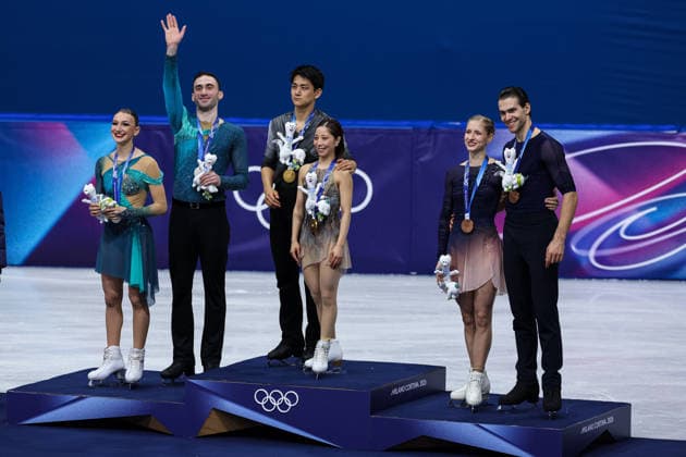 The podium with Anastasiia Metelkina Luka Berulava (GEO), 2nd place, Silver Medal, Riku Miura Ryuichi Kihara (JPN) 1st place, Gold Medal and Minerva Fabienne Hase Nikita Volodin (GER) 3rd place, Bronze Medal at the end of the Olympic Winter games, Winterspiele,Spiele, Summer games Milano-Cortina 2026, Pair Skating on February 16, 2026 at Milano Ice Skating Arena in Milan, Italy  Copyright: xFabrizioxCarabelli IPAxSportx xipa-agency.netx xx IPA_71623092 IPA_Agency_IPA71623092