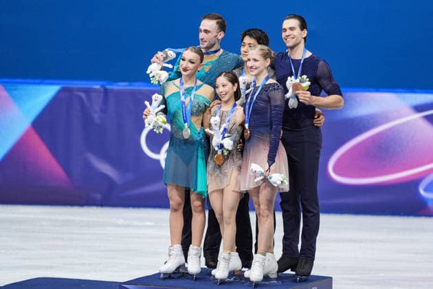 Milano Cortina 2026 Winter Olympics MILAN, ITALY - FEBRUARY 16: Gold medalists Riku Miura and Ryuichi Kihara of Japan celebrate on the podium alongside silver medalists Anastasiia Metelkina and Luka Berulava of Georgia and bronze medalists Minerva Fabienne Hase and Nikita Volodin of Germany after the pairs Figure skating, Eiskunstlauf event at the Milano Cortina 2026 Olympic Winter games, Winterspiele,Spiele, Summer games at Milano Ice Skating Arena in Milan, Italy, on February 16, 2026. Cemal Yurttas Anadolu Milan Italy. Editorial use only. Please get in touch for any other usage.  Copyright: x2026xAnadoluxCemalxYurttasx