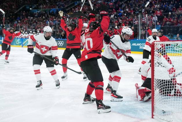 February 16, 2026, Milan, ITALY: Canada s Marie-Philip Poulin (29) and teammates celebrate her goal against Switzerland s Andrea Braendli (20) during second period women s Olympic semifinal hockey action at the 2026 Milan Cortina Winter Olympics in Milan, Monday, Feb. 16, 2026. Canada News - February 16, 2026  - ZUMAc35_ 20260216_zaf_c35_214 Copyright: xNathanxDenettex