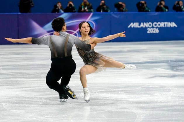 Riku Miura and Ryuichi Kihara of Japan perform during the Pair Skating Free Skating Final at the Milano Figure skating, Eiskunstlauf Arena in Milan, Italy on Monday, February 16, 2026. Miura and Kihara scored a 158.13 making their total score 231.24.  OLY20260216957 RICHARDxELLIS