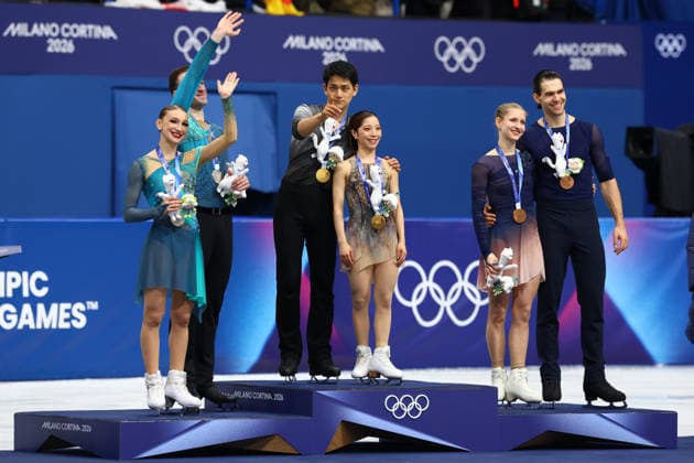 February 16, 2026, Milan, Lombardy, Italy: MIURA RIKU and KIHARA RYUICHI of Japan, ANASTASIIA METELKINA and LUKA BERULAVA of Georgia, MINERVA FABIENNE HASE and NIKITA VOLODIN of Germany celebrate winning the gold, silver and bronze medals in the Pair Skating of the Figure skating, Eiskunstlauf at the Milano Cortina 2026 Winter Olympic Games, Olympische Spiele, Olympia, OS Milan Italy - ZUMAc179 20260216_oly_c179_278 Copyright: xMickaelxChavetx