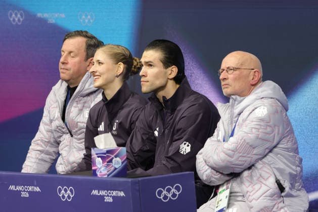 Minerva Fabienne Hase and Nikita Volodin, GER, after pairs free progam at 2026 Figure skating, Eiskunstlauf Olympic Games, Olympische Spiele, Olympia, OS in Milan; 16 02 2026 - *** Minerva Fabienne Hase and Nikita Volodin, GER, after pairs free progam at 2026 figure skating olympic games in Milan 16 02 2026 