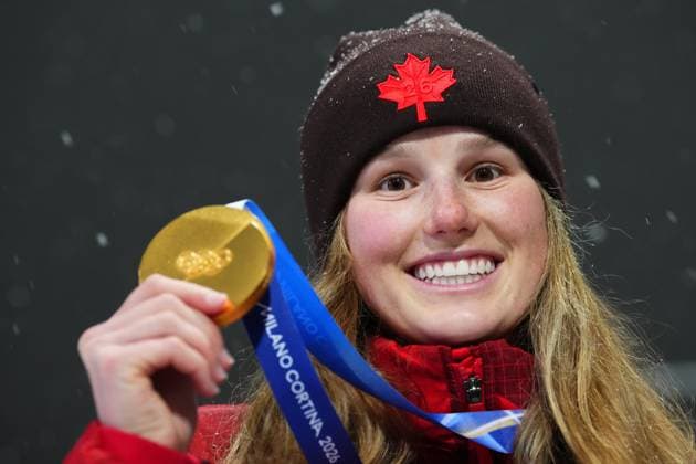 February 16, 2026, Livigno, Italy: Canada Megan Oldham celebrates her gold medal win in the women s freeski big air final at the Milano Cortina 2026 Winter Olympic Games, Olympische Spiele, Olympia, OS in Livigno, Italy on Monday, Feb. 16, 2026. Canada News - February 16, 2026  - ZUMAc35_ 20260216_zaf_c35_298 Copyright: xSeanxKilpatrickx