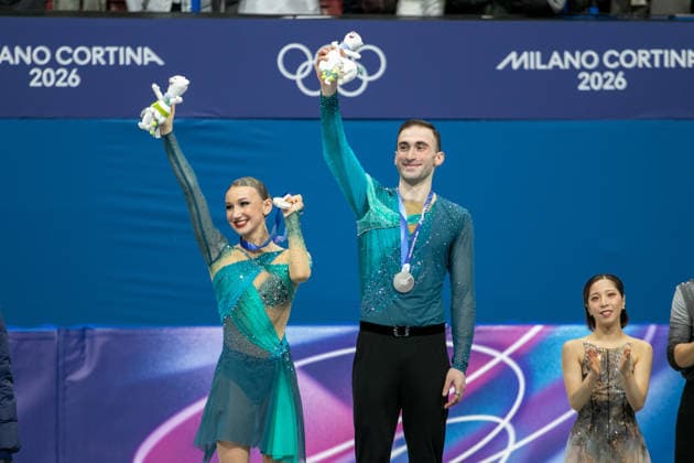 February 17, 2026, Milan, Lombardy, Italy: ANASTAASIIA METELKINA and LUKA BERULAVA of Georgia during Figure skating, Eiskunstlauf pairs final at the at Milano Ice Skating Arena at the 2026 Milano Cortina Winter Olympics. They won the silver, the first for Georgia in skating. Olympics 2026: Milano Cortina: Figure Skating Pairs: Final  - ZUMAa19_ 20260217_oly_a19_006 Copyright: xAngelxAdamsx