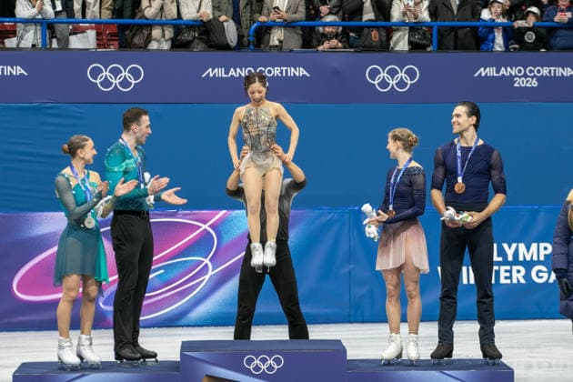 February 17, 2026, Milan, Lombardy, Italy: RIKU MIURA and RYUICHI KIHARA won the first gold medal for Japan in skationg pairs, ANASTAASIIA METELKINA and LUKA BERULAVA of Georgia won silver for Georgia, and MINERVA FABIENNE HASE and NIKITA VOLODIN of Germany won bronze during Figure skating, Eiskunstlauf pairs final at the at Milano Ice Skating Arena at the 2026 Milano Cortina Winter Olympics. Olympics 2026: Milano Cortina: Figure Skating Pairs: Final  - ZUMAa19_ 20260217_oly_a19_008 Copyright: xAngelxAdamsx