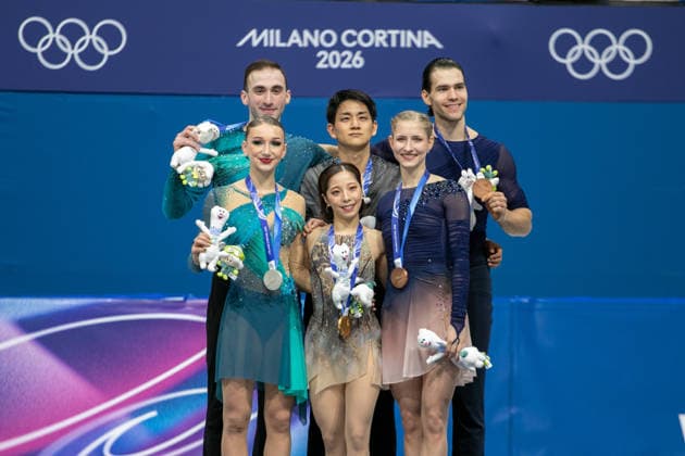 February 17, 2026, Milan, Lombardy, Italy: RIKU MIURA and RYUICHI KIHARA won the first gold medal for Japan in skationg pairs, ANASTAASIIA METELKINA and LUKA BERULAVA of Georgia won silver for Georgia, and MINERVA FABIENNE HASE and NIKITA VOLODIN of Germany won bronze during Figure skating, Eiskunstlauf pairs final at the at Milano Ice Skating Arena at the 2026 Milano Cortina Winter Olympics. Olympics 2026: Milano Cortina: Figure Skating Pairs: Final  - ZUMAa19_ 20260217_oly_a19_011 Copyright: xAngelxAdamsx