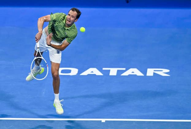 February 16, 2026, Doha, Qatar: Daniil Medvedev of Russia plays against Juncheng Shang of China (not in view) during the Round of 32 at the ATP, Tennis Herren men s Qatar ExxonMobil Open 2026 tennis tournament at the Khalifa International Tennis Complex. Daniil Medvedev won against Juncheng Shang 6-4,6-2. Doha Qatar - ZUMAs197 20260216_aaa_s197_323 Copyright: xNoushadxVariyattiyakkalx