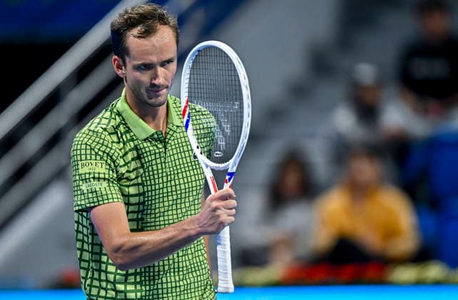 February 16, 2026, Doha, Qatar: Daniil Medvedev of Russia celebrates after winning against Juncheng Shang of China (not in view) during the Round of 32 at the ATP, Tennis Herren men s Qatar ExxonMobil Open 2026 tennis tournament at the Khalifa International Tennis Complex. Daniil Medvedev won against Juncheng Shang 6-4,6-2. Doha Qatar - ZUMAs197 20260216_aaa_s197_361 Copyright: xNoushadxVariyattiyakkalx