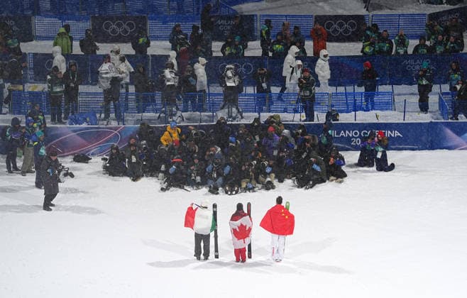 (260217) -- LIVIGNO, Feb. 17, 2026 -- Gold medalist Megan Oldham (C, Front) of Canada, silver medalist Gu Ailing (R, Front) of China, and bronze medalist Flora Tabanelli of Italy attend the awarding ceremony of the freestyle skiing women s freeski big air event at the Milan-Cortina 2026 Olympic Winter games, Winterspiele,Spiele, Summer games in Livigno, Italy, Feb. 16, 2026. ) (MICO2026)ITALY-LIVIGNO-OLYMPIC WINTER GAMES-FREESTYLE SKIING-WOMEN S BIG AIR-FINAL WuxHuiwo 