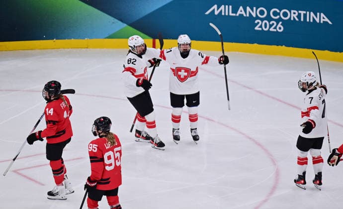 (260217) -- MILAN, Feb. 17, 2026 -- Switzerland s Rahel Enzler (2nd R) celebrates scoring during the Play-offs Semifinals match between Canada and Switzerland of Ice hockey, Eishockey Women at the Milan-Cortina 2026 Olympic Winter games, Winterspiele,Spiele, Summer games in Milan, Italy, Feb. 16, 2026. ) (MICO2026)ITALY-MILAN-OLYMPIC WINTER GAMES-ICE HOCKEY-WOMEN-PLAY-OFFS SEMIFINALS-CAN VS SUI TaoxXiyi 