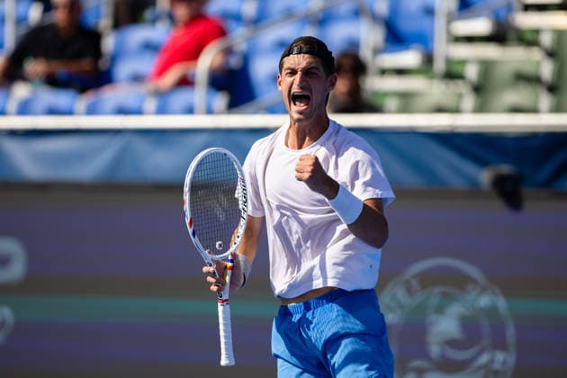2026 Delray Beach Open - Day 1 Terence Atmane of France pumps his fist against Patrick Kypson of the USA during their match on Day 1 of the Delray Beach Open at the Delray Tennis Center in Delray Beach, Florida, on February 16, 2026. Delray Beach FL United States  Copyright: xMauricioxPaizx originalFilename:paiz-2026delr260216_npFDk.jpg