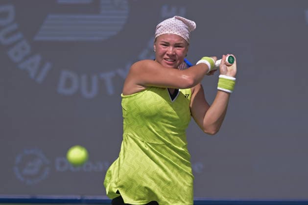 2026 Dubai Duty Free Tennis Championship DUBAI, UNITED ARAB EMIRATES - FEBRUARY 17: Diana Shnaider in action against Iva Jovic (not seen) of United States during the women s singles match on Day Three of the Dubai Duty Free Tennis Championships at Dubai Duty Free Tennis Stadium on February 17, 2026 in Dubai, United Arab Emirates. Waleed Zein Anadolu Dubai United Arab Emirates. Editorial use only. Please get in touch for any other usage.  Copyright: x2026xAnadoluxWaleedxZeinx